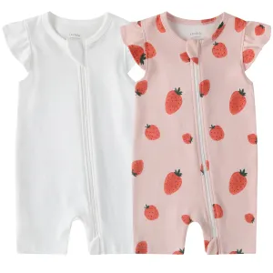 Owlivia Baby Short-Sleeve Summer Romper Set 2-Pack Tank Romper Jumpsuit for Girls and Boys(White & Strawberry)