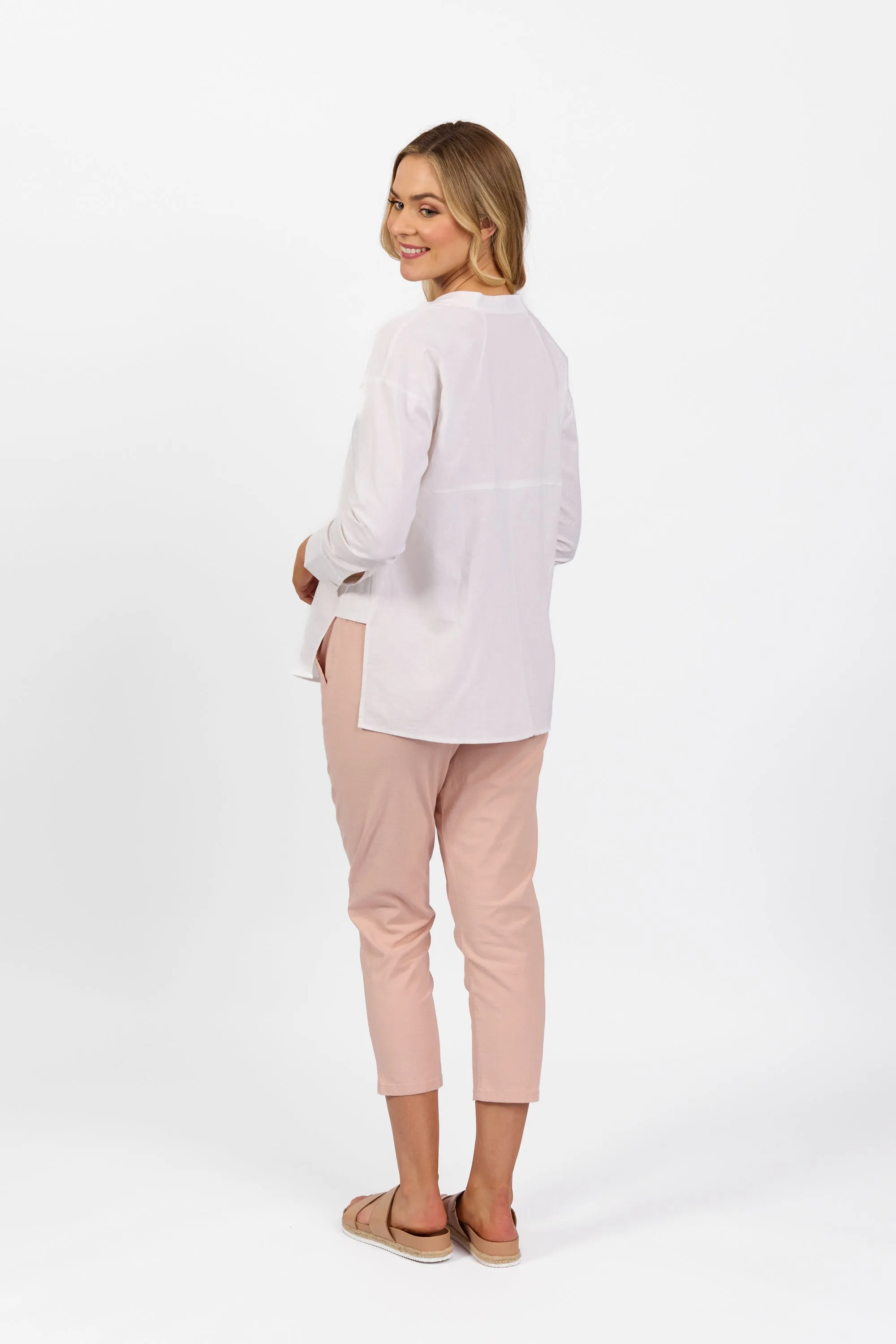 Plain Long Sleeve Chinese Collar Shirt with Side Hem Insert