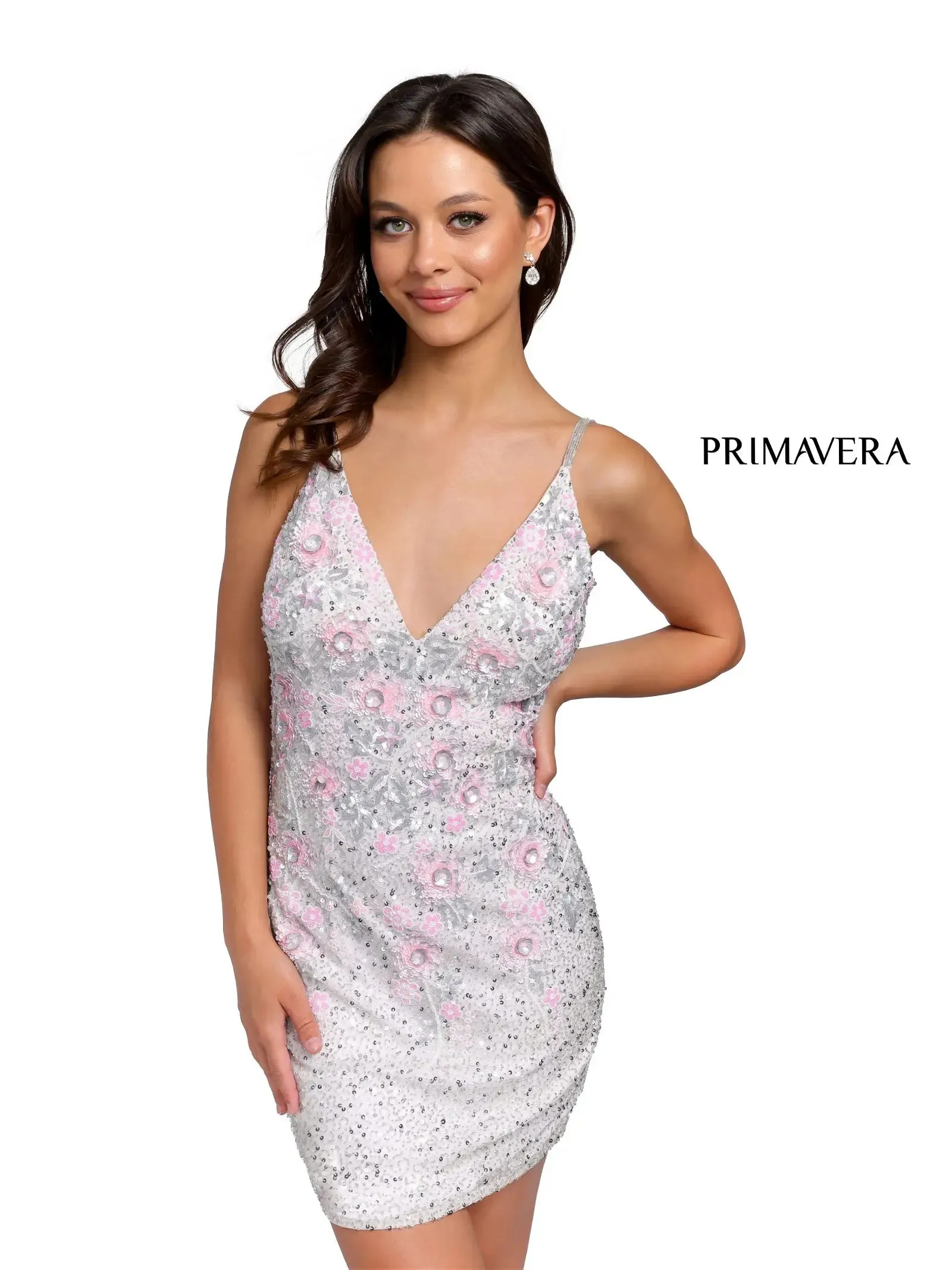 Primavera Couture 3862 size 6 Ivory/Multi Short Homecoming dress Fitted sequin beaded short cocktail dress