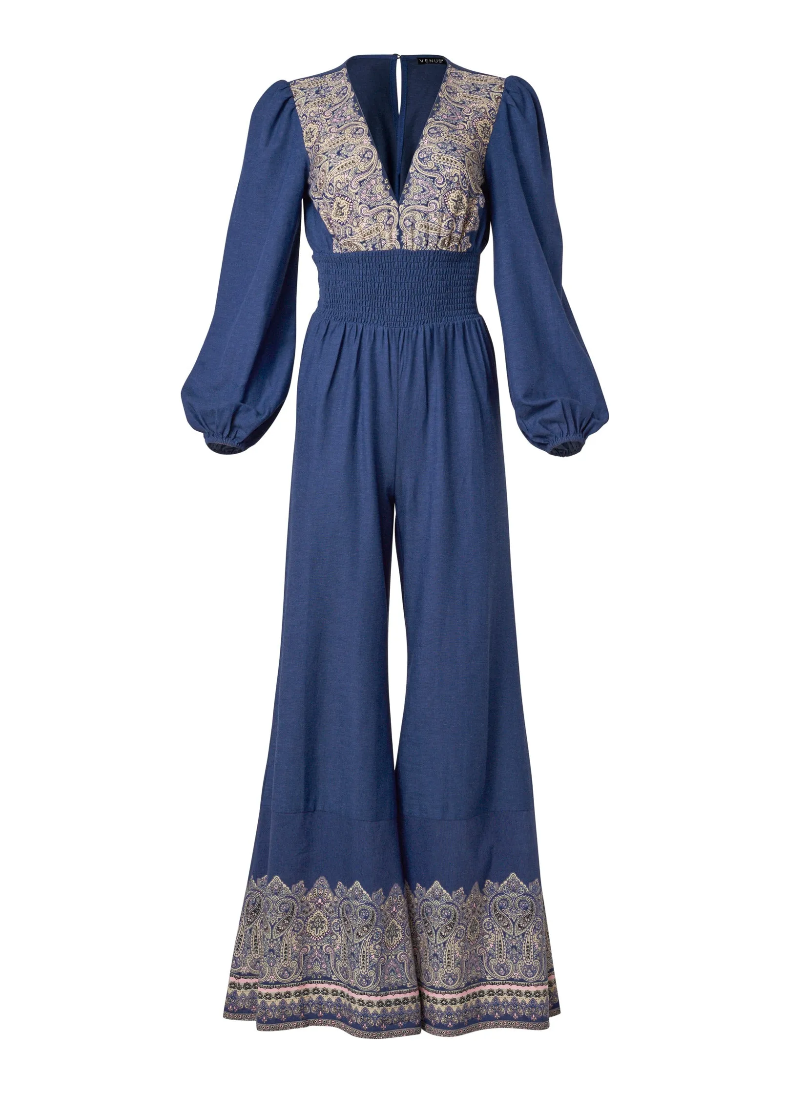 Printed Wide Leg Jumpsuit - Blue Multi