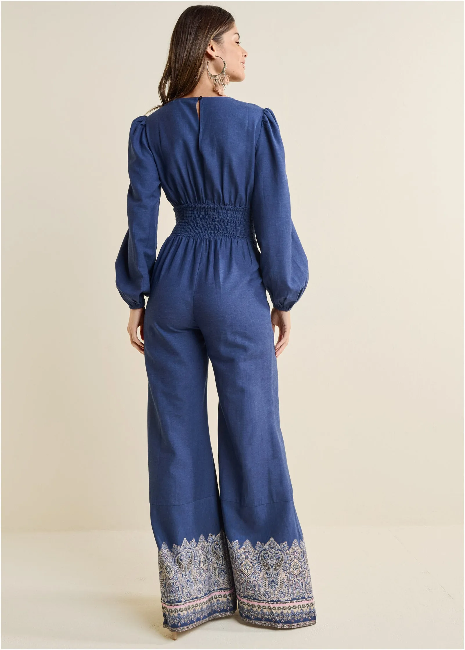 Printed Wide Leg Jumpsuit - Blue Multi