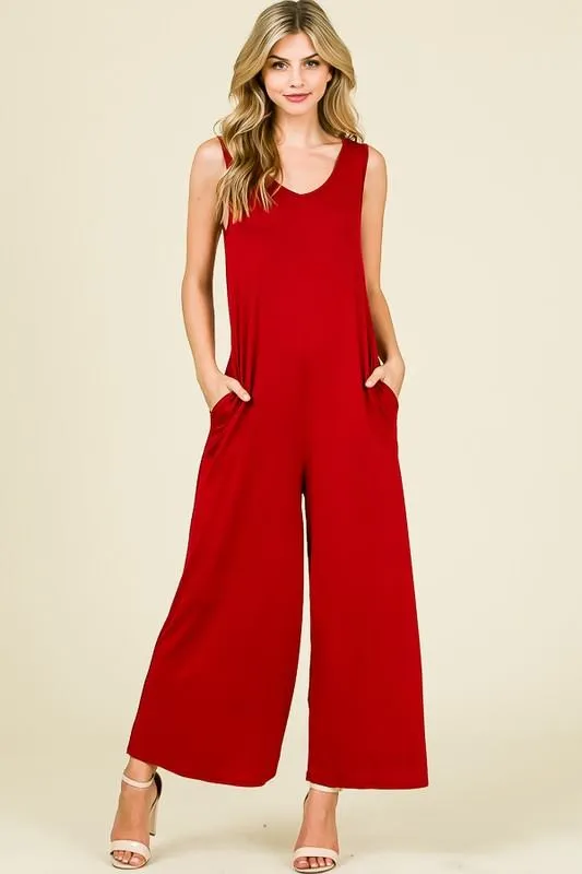 Red Sleeveless V-Neck Wide Leg Jumpsuit with Pockets
