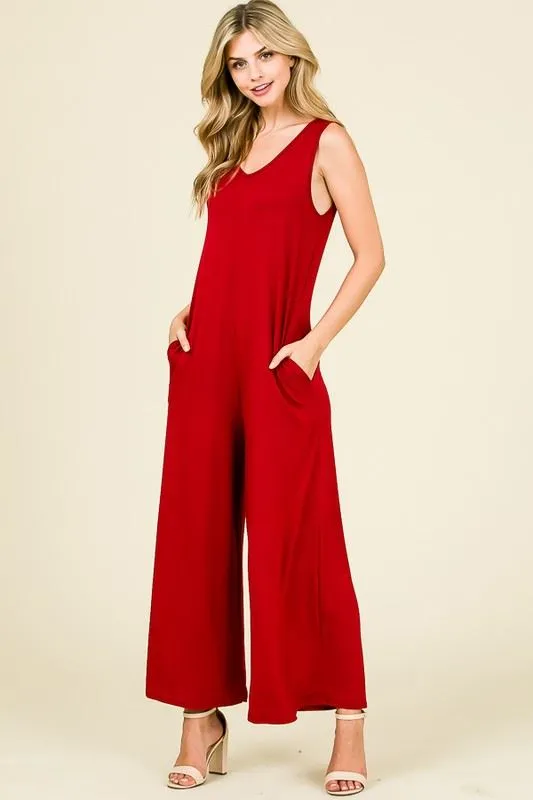 Red Sleeveless V-Neck Wide Leg Jumpsuit with Pockets