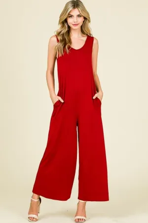 Red Sleeveless V-Neck Wide Leg Jumpsuit with Pockets