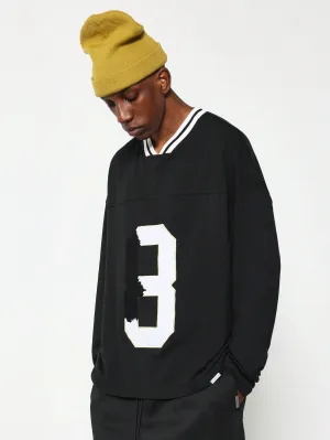 Regular Fit Long Sleeve Stripe Vneck Tee With Number Graphic Print