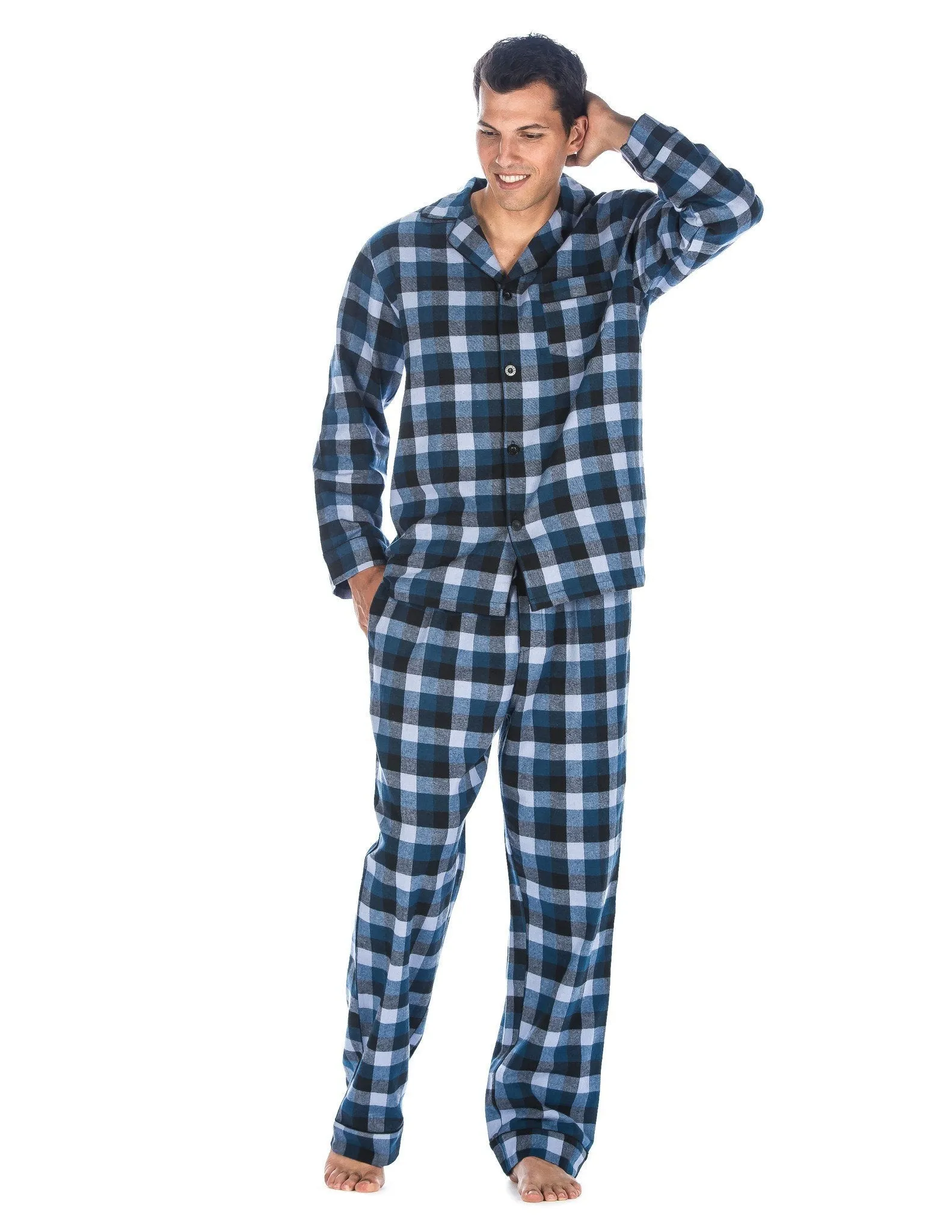 Relaxed Fit Men's Premium 100% Cotton Flannel Pajama Sleepwear Set - Denim Tone Plaid