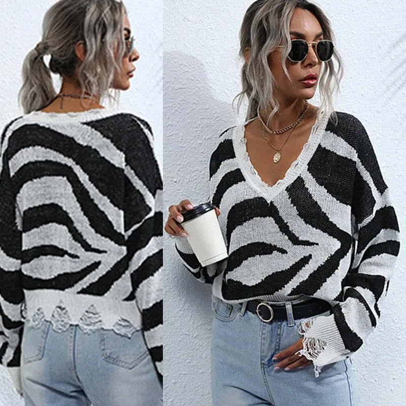 Sexy V-Neck Zebra Striped Loose Long Sleeve Crop Top