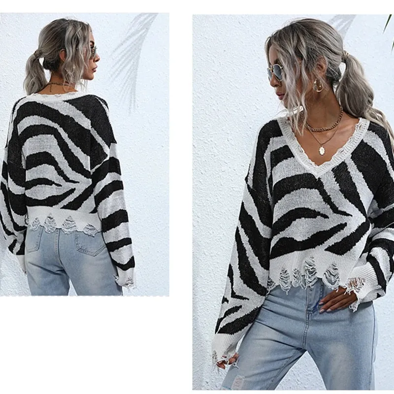 Sexy V-Neck Zebra Striped Loose Long Sleeve Crop Top