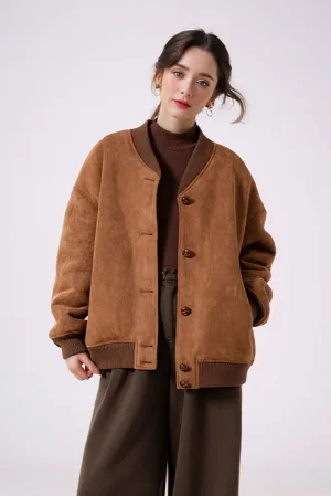 Shearling Wool Lined Faux Suede Bomber Jacket