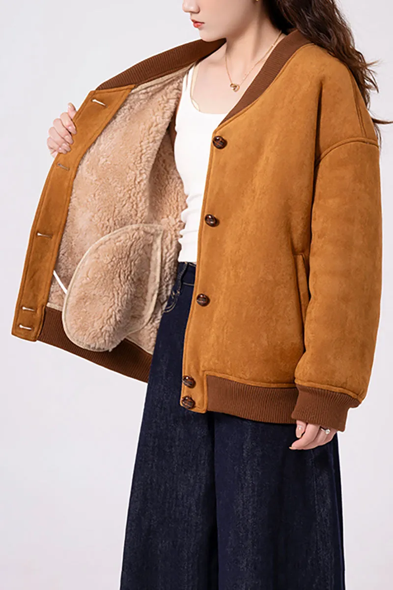 Shearling Wool Lined Faux Suede Bomber Jacket