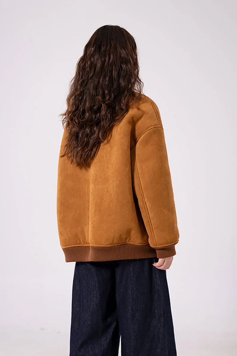 Shearling Wool Lined Faux Suede Bomber Jacket