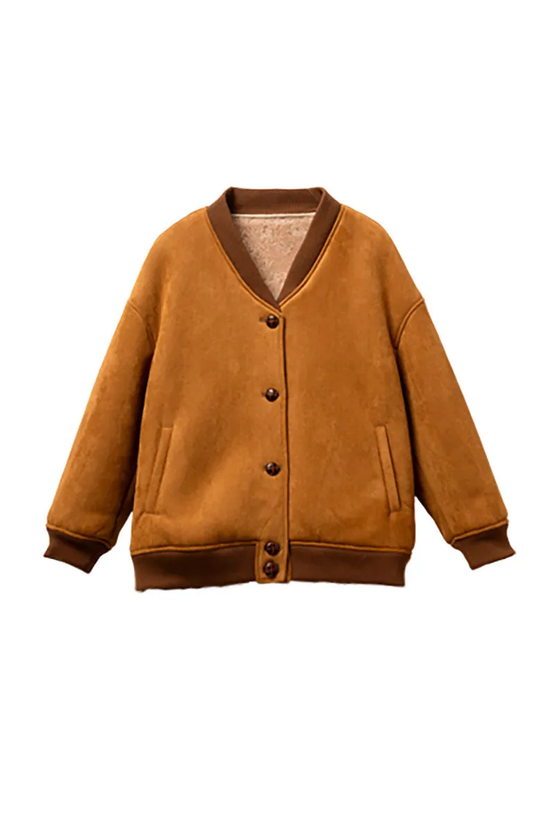 Shearling Wool Lined Faux Suede Bomber Jacket