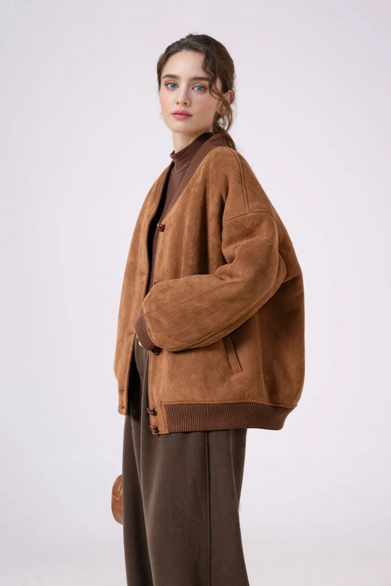 Shearling Wool Lined Faux Suede Bomber Jacket