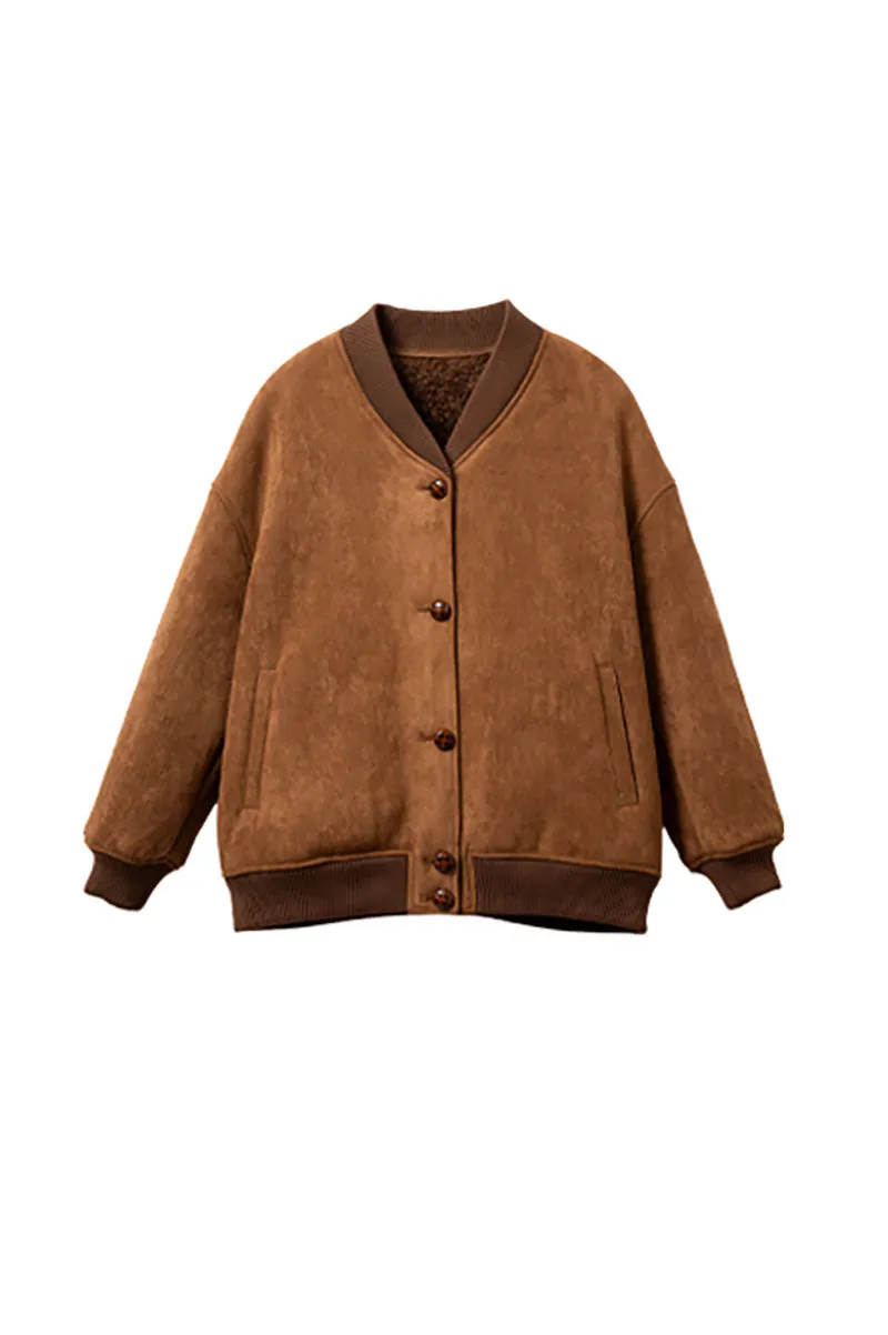 Shearling Wool Lined Faux Suede Bomber Jacket