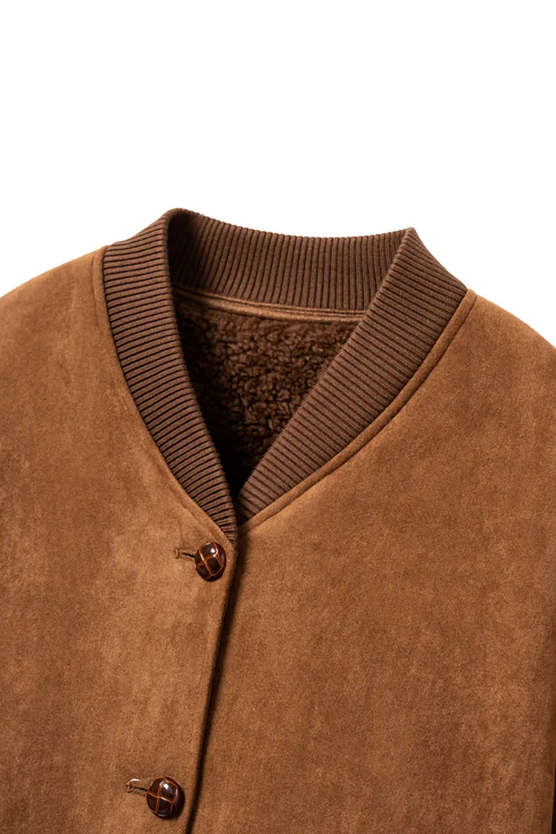 Shearling Wool Lined Faux Suede Bomber Jacket