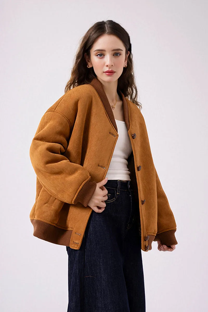 Shearling Wool Lined Faux Suede Bomber Jacket