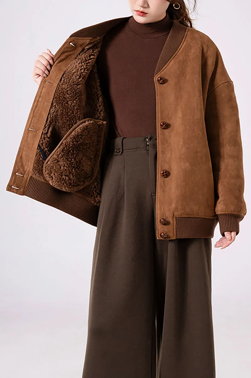 Shearling Wool Lined Faux Suede Bomber Jacket