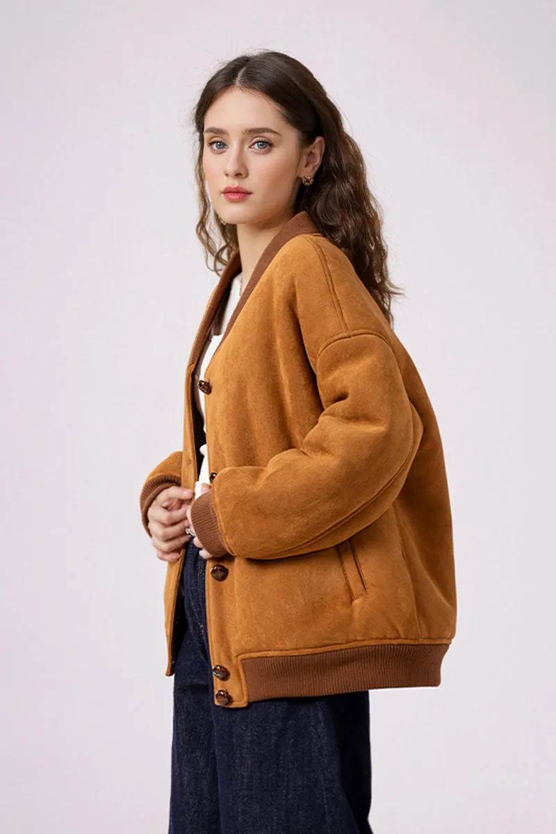 Shearling Wool Lined Faux Suede Bomber Jacket