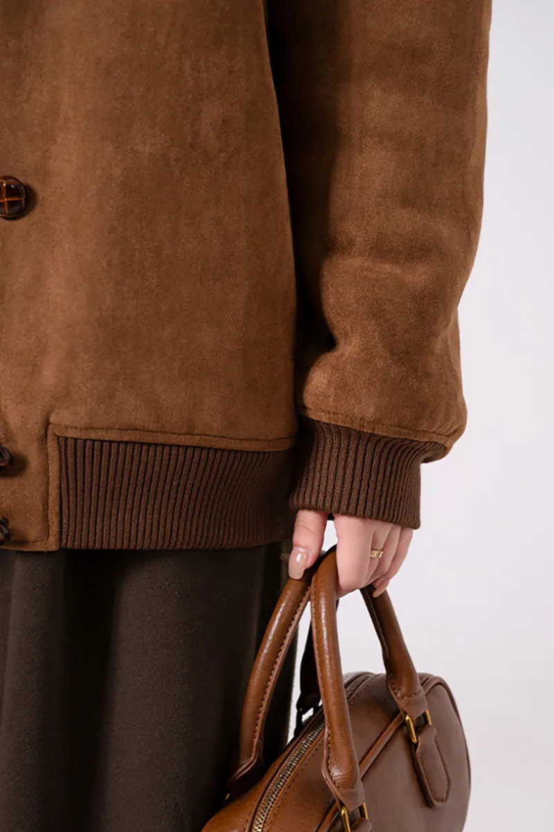 Shearling Wool Lined Faux Suede Bomber Jacket
