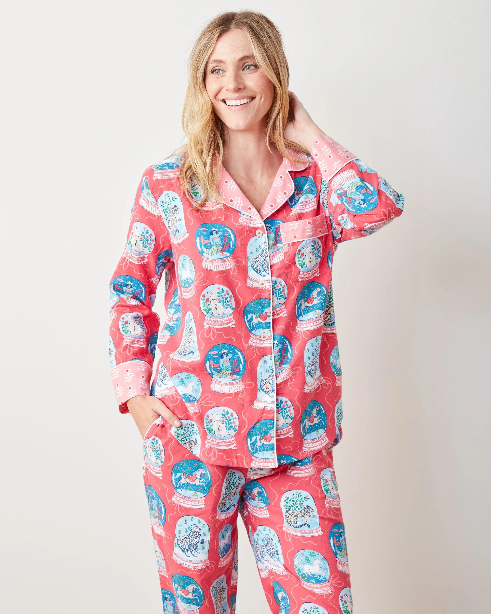 Snow Globe Magic - Lightweight Flannel Long PJ Set - Red Ribbon