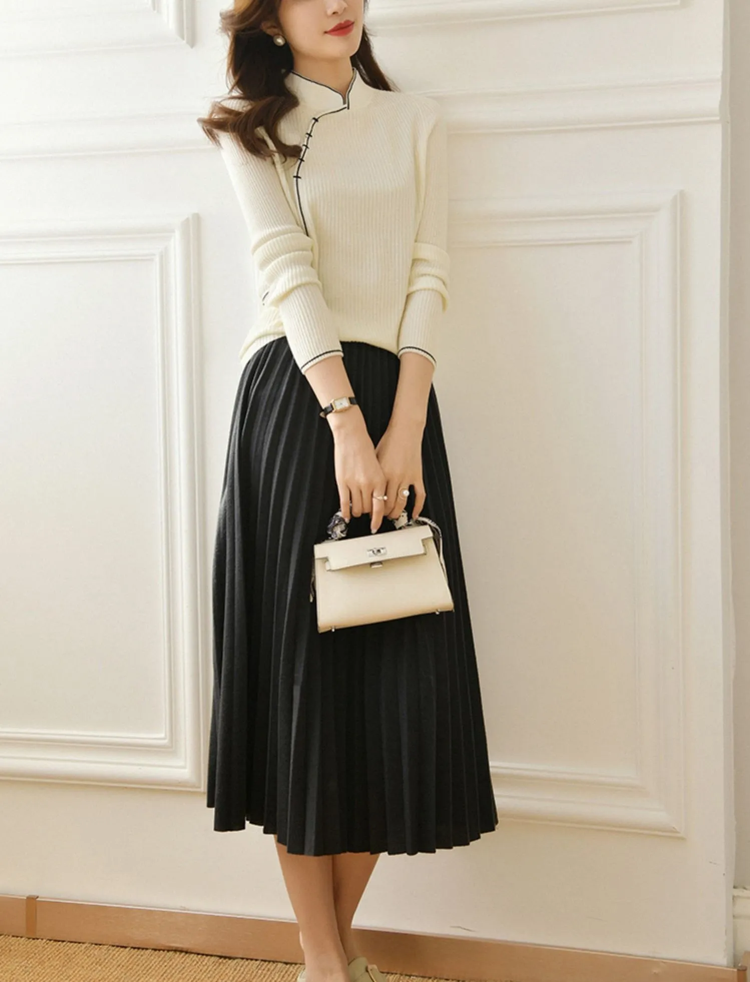 Stand Collar Knit Sweater with Button Closure Flattering Fit Versatile Design