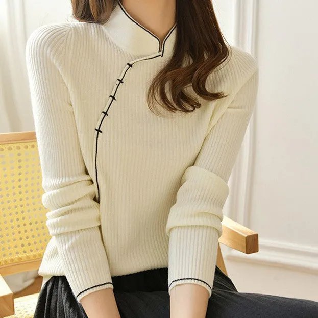 Stand Collar Knit Sweater with Button Closure Flattering Fit Versatile Design