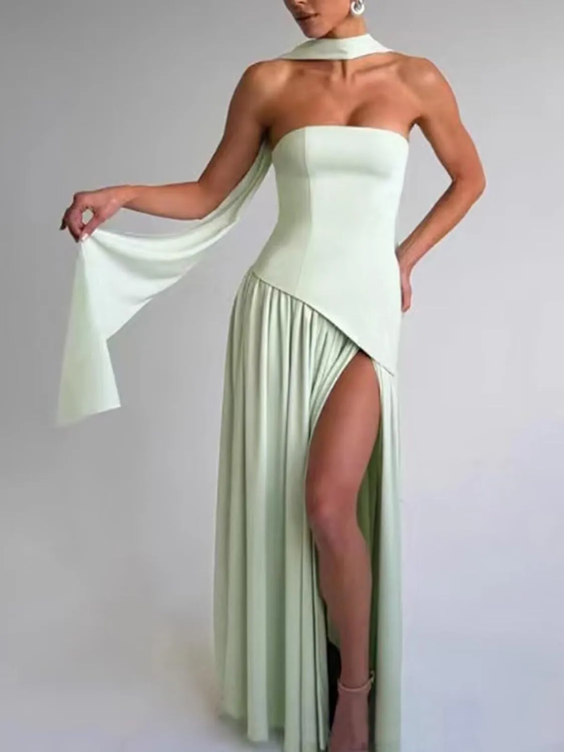 Strapless Bridesmaid Dress with Scarf Chiffon Long Prom Dresses Evening Dress