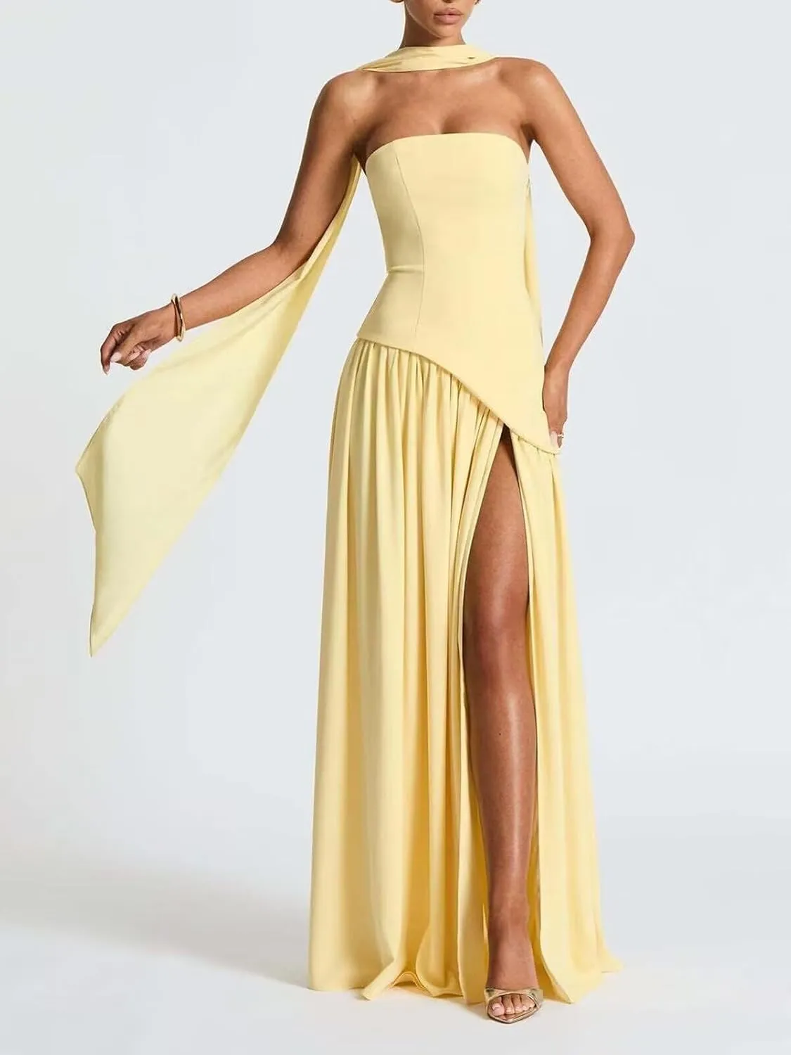 Strapless Bridesmaid Dress with Scarf Chiffon Long Prom Dresses Evening Dress