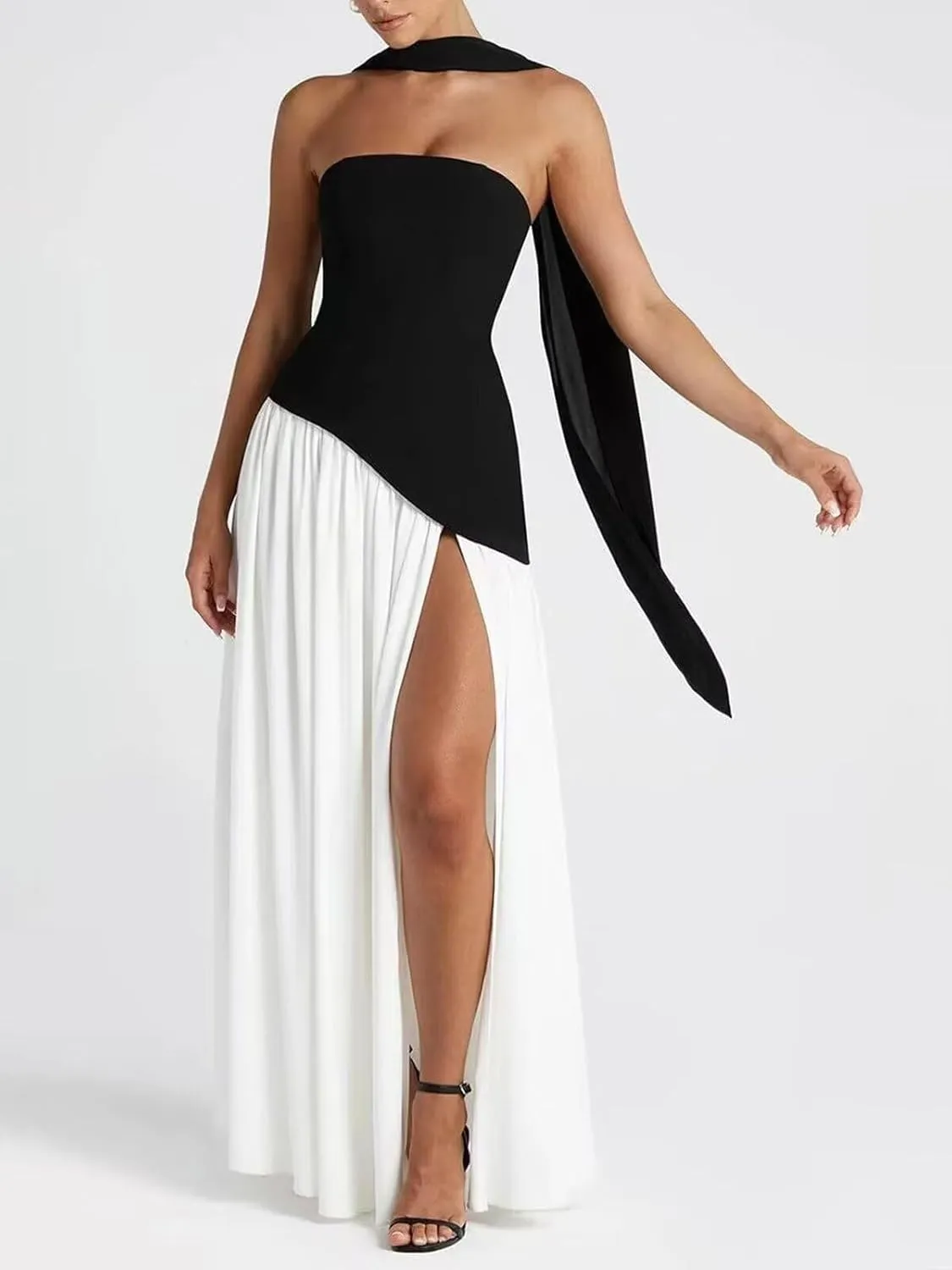 Strapless Bridesmaid Dress with Scarf Chiffon Long Prom Dresses Evening Dress