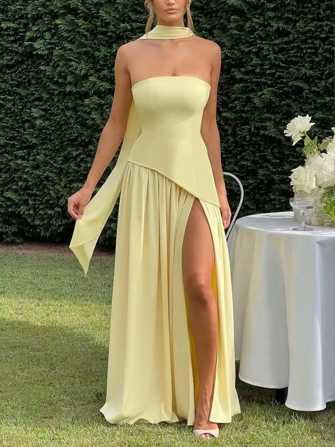 Strapless Bridesmaid Dress with Scarf Chiffon Long Prom Dresses Evening Dress