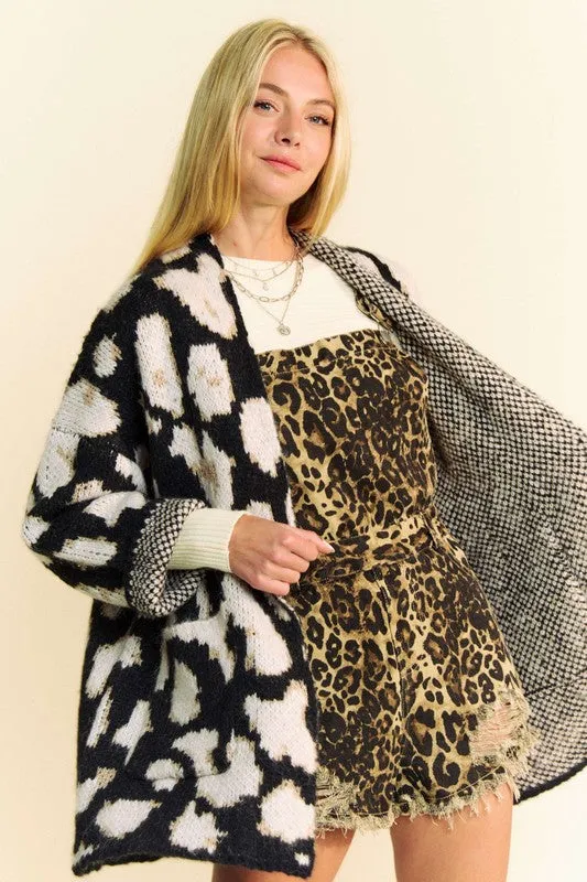 TEEK - Black Leopard Open Front Long Sleeve Cardigan