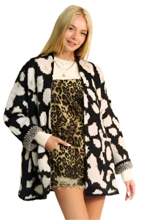 TEEK - Black Leopard Open Front Long Sleeve Cardigan