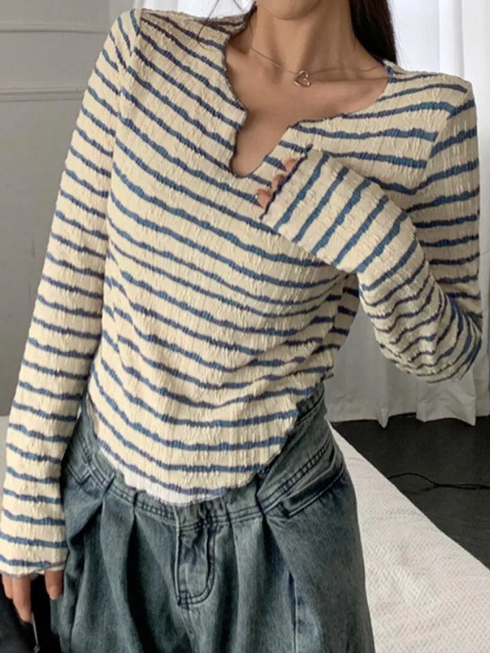 Textured Stripe V Neck Irregular Hem Long Sleeve Tee
