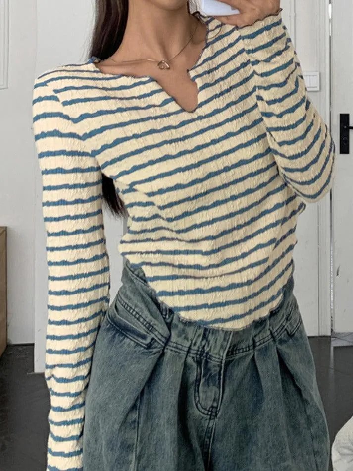 Textured Stripe V Neck Irregular Hem Long Sleeve Tee