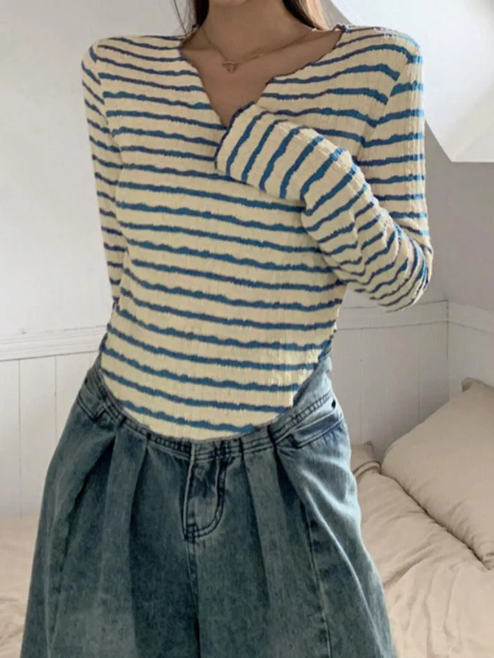 Textured Stripe V Neck Irregular Hem Long Sleeve Tee