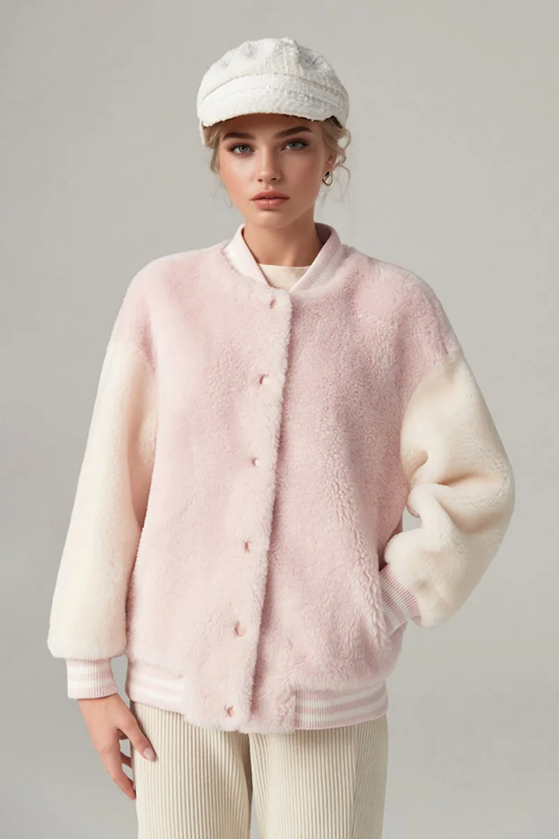 V Neck Color Block Shearling Bomber Jacket