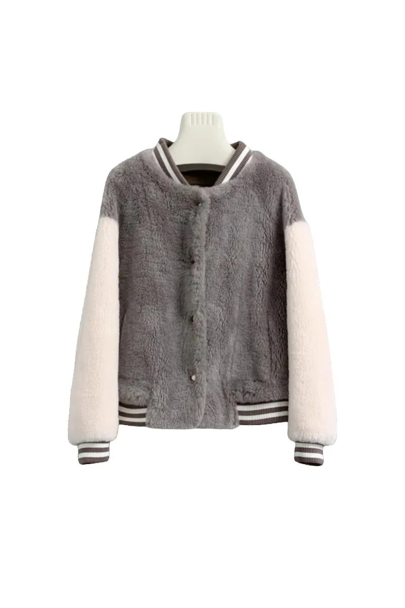 V Neck Color Block Shearling Bomber Jacket