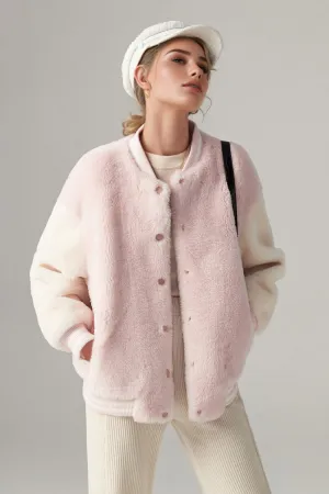 V Neck Color Block Shearling Bomber Jacket