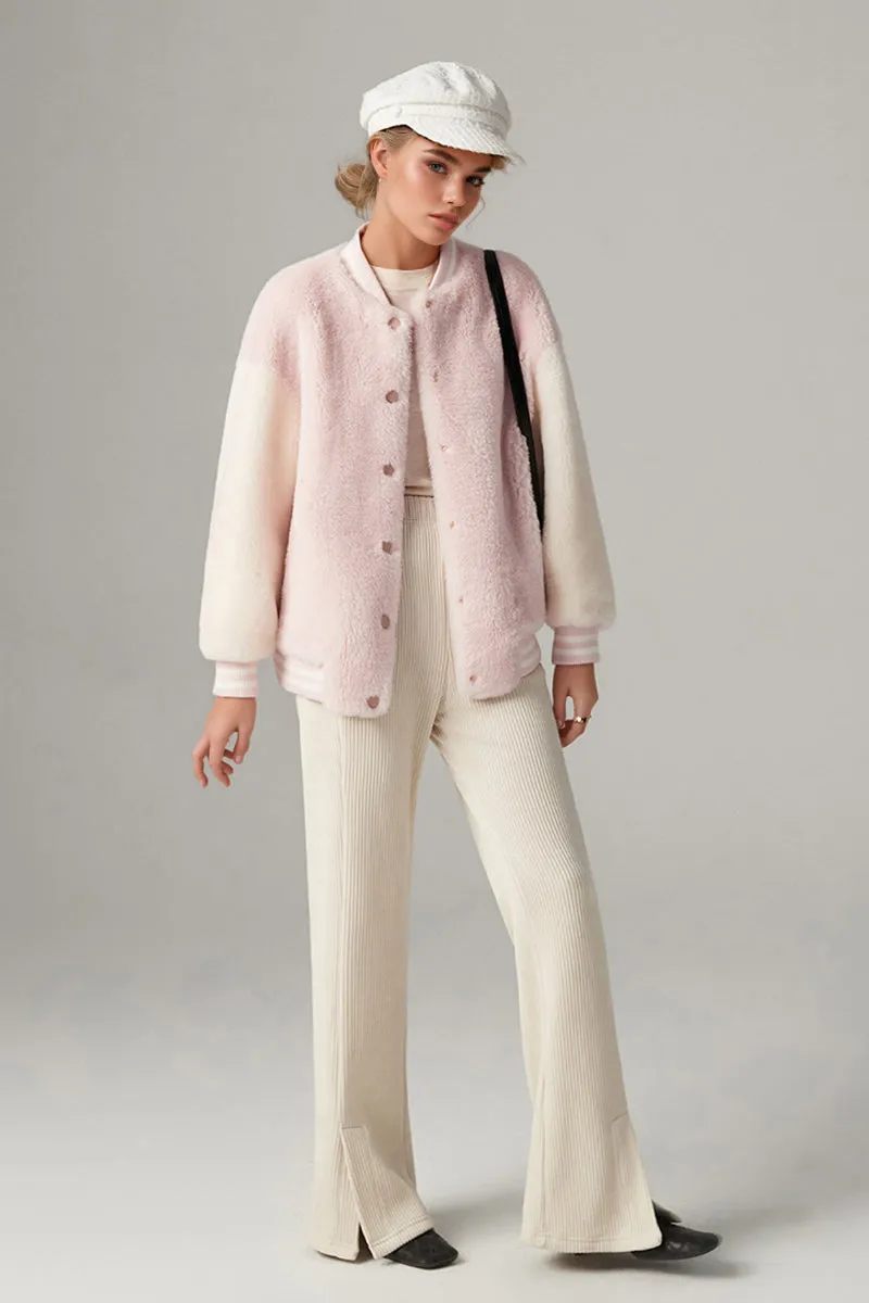 V Neck Color Block Shearling Bomber Jacket
