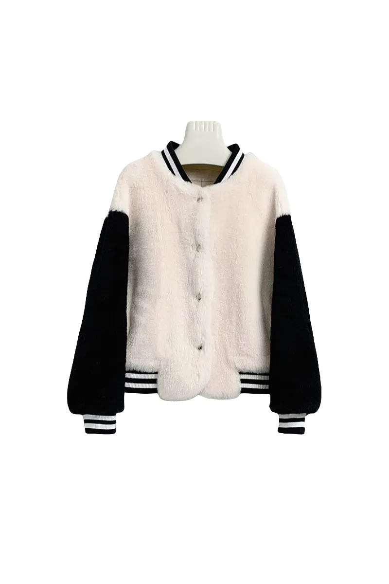 V Neck Color Block Shearling Bomber Jacket