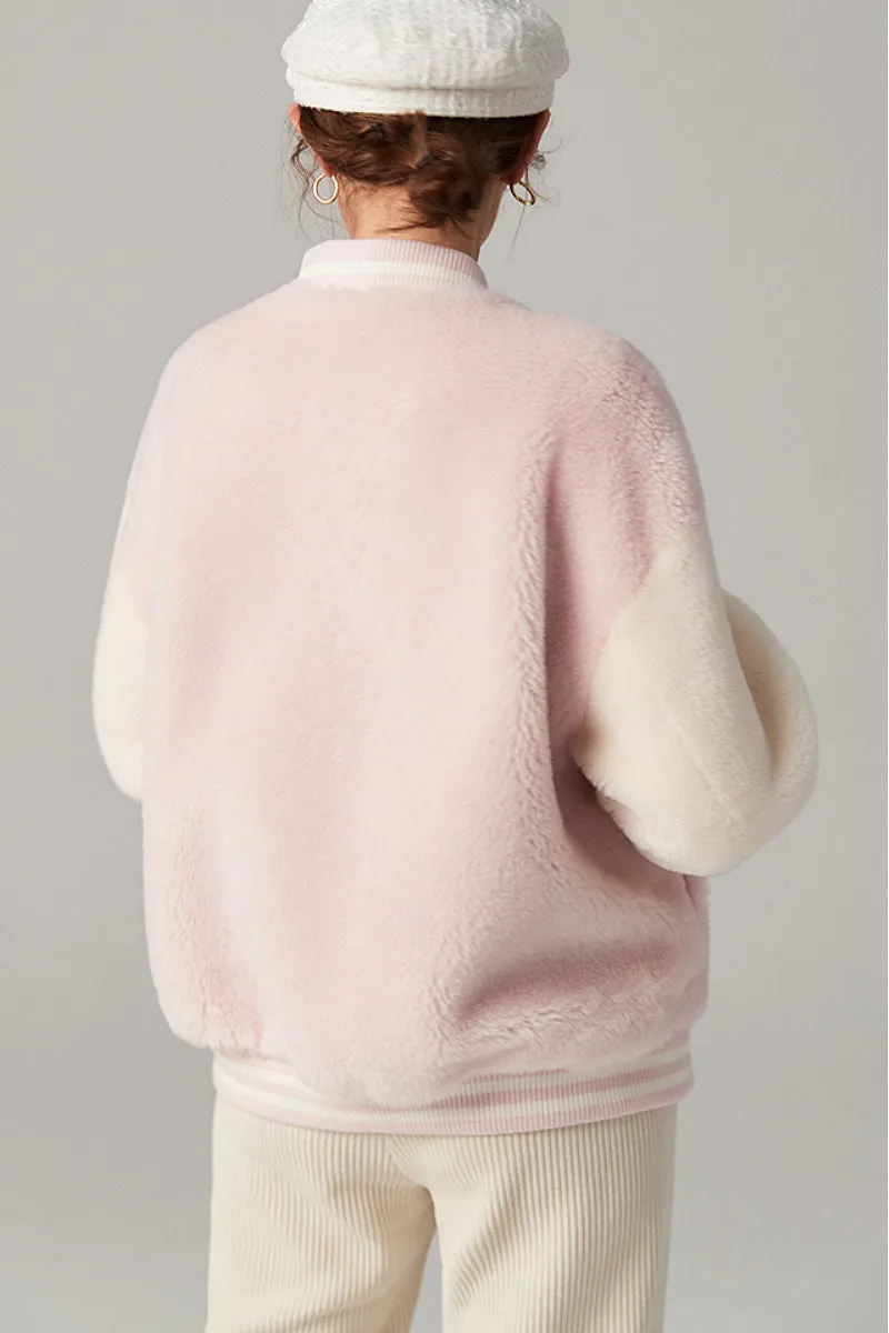 V Neck Color Block Shearling Bomber Jacket
