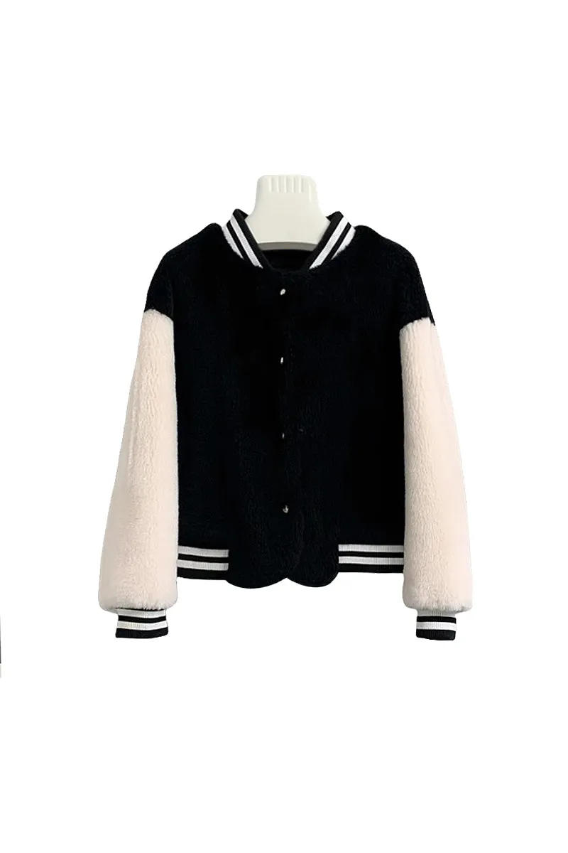 V Neck Color Block Shearling Bomber Jacket