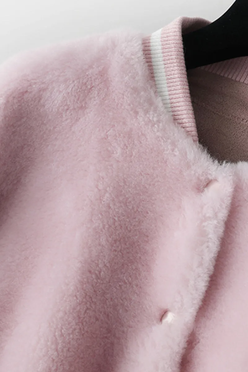 V Neck Color Block Shearling Bomber Jacket
