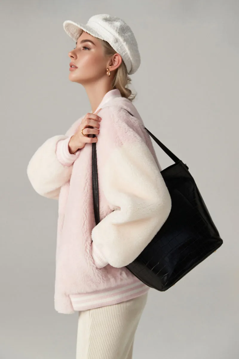 V Neck Color Block Shearling Bomber Jacket