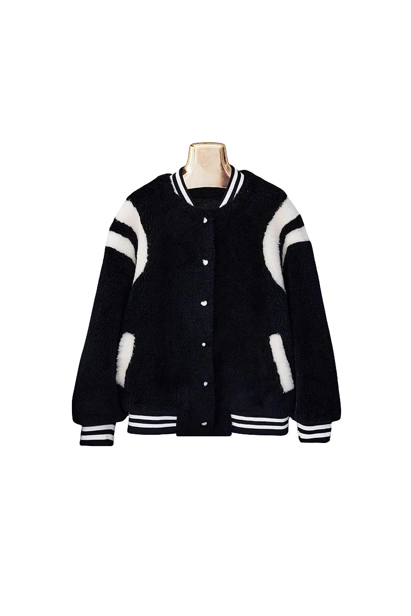 V Neck Color Block Shearling Bomber Jacket