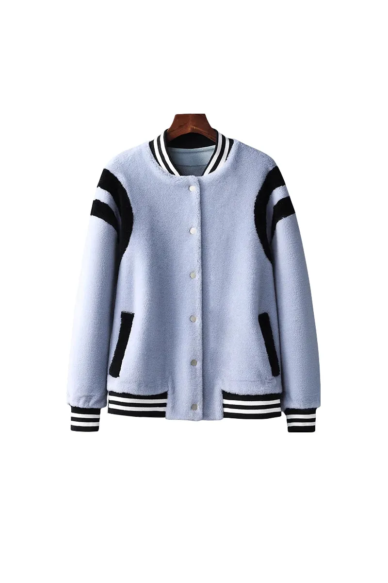 V Neck Color Block Shearling Bomber Jacket