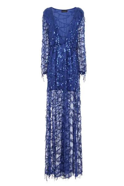 Victoria Blue Plunge Long Sleeve Fringe Sequin Slit Dress