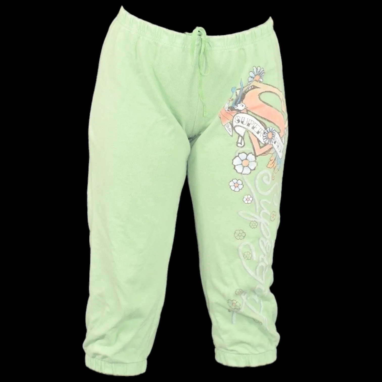 Vintage Supergirl Sweatpants Green Pastel Cropped DC Comics Tattoo Cotton Capri Pants Joggers Y2K Size Small