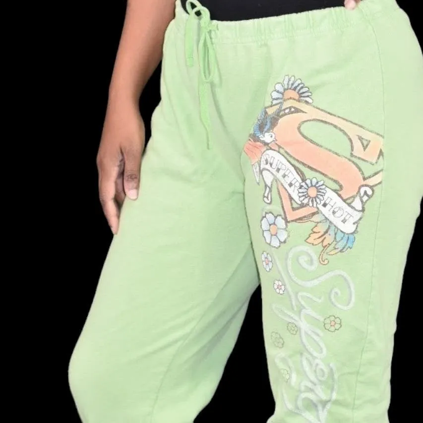 Vintage Supergirl Sweatpants Green Pastel Cropped DC Comics Tattoo Cotton Capri Pants Joggers Y2K Size Small