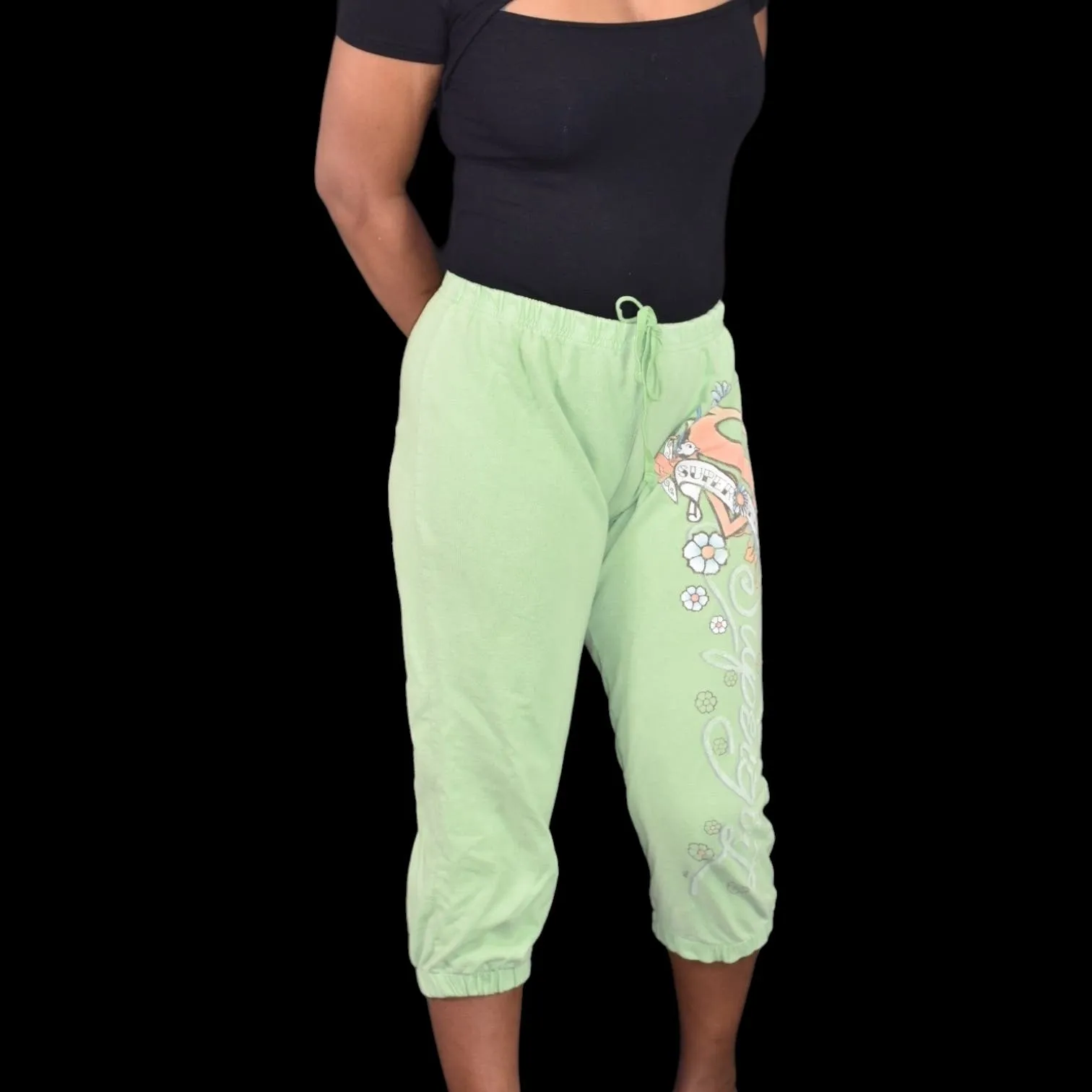 Vintage Supergirl Sweatpants Green Pastel Cropped DC Comics Tattoo Cotton Capri Pants Joggers Y2K Size Small
